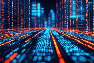 Poster - Digital data flow simulation futuristic cityscape 3d visualization nighttime perspective technology concept