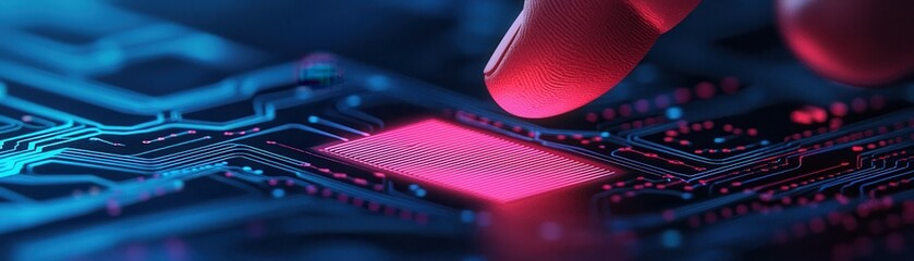 Poster - Exploring digital innovation finger touch on circuit board technology lab macro image futuristic environment