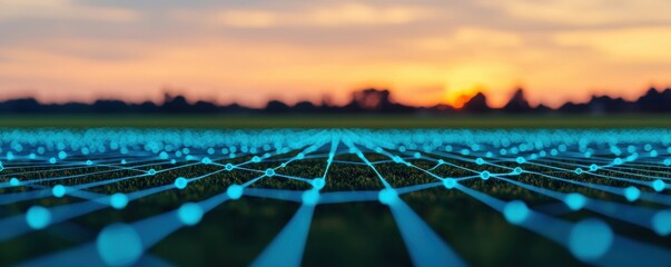 Poster - Exploring futuristic networking technology open field digital landscape sunset view innovation concept