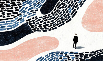 Poster - Abstract Representation of Isolation: Silhouette of a Man Surrounded by Large Hands in Muted Color Palette