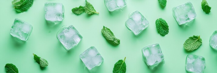 Poster - Refreshing ice cubes and mint leaves create a cool background pattern on light green surface in studio lighting