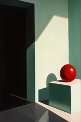 Poster - Minimalist Geometric Composition with a Red Sphere on a Pedestal Surrounded by Deep Shadows and Cool Green Tones