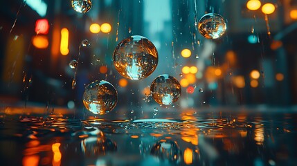 Poster - Water Droplets Reflecting City Lights at Night