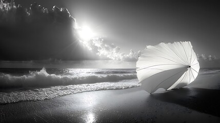 Poster - White Umbrella Beach Seascape Monochrome Minimalist Photography