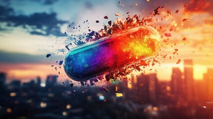 Poster - Vibrant Capsule Breaking Apart with Colorful Particles in a Cityscape at Dusk by a Stunning Sunset Skyline