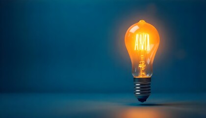 Poster - A single glowing light bulb standing out against a blue background
