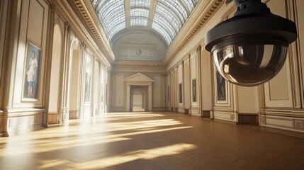 Poster - Spacious Art Gallery with Elegant Architecture and Bright Ambient Light Streaming Through Glass Ceiling
