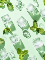 Poster - Refreshing mint leaves and ice cubes create a cool background in light green tones perfect for summer beverages