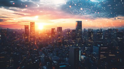 Poster - Ai-enhanced robotics revolutionizing real estate investing in global urban landscapes at sunset