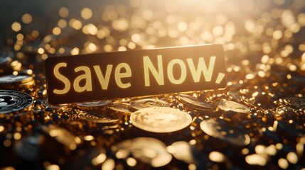 Aufkleber - Encouraging financial growth with golden coins and banknotes while highlighting save now message