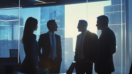 Poster - Innovative robotics discussion among executive leaders modern office professional networking urban skyline view market trends