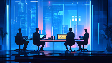 Poster - Executive leadership discussing robotics market innovation in urban business hub futuristic environment boardroom setting