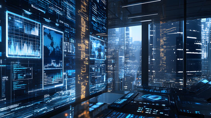 Poster - Robotics transformation in futuristic investment banking facility urban skyline high-tech environment modern viewpoint