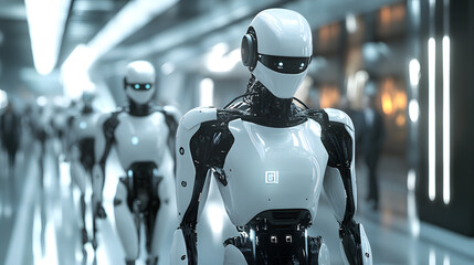 Poster - Futuristic robotics showcase high-tech city digital art urban environment close-up view future media impact
