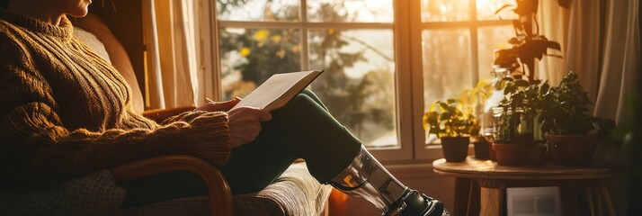 Poster - Cozy home moment with a person using a prosthetic leg while reading in soft warm light