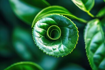 Poster - Gentle spiral of a tea leaf showcasing minimalist beauty and harmonious golden ratio composition in soft contrasting light