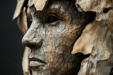 Poster - Elegant Wooden Sculpture of a Face with Natural Bark Textures and Earthy Tones