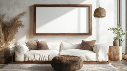 Poster - Bright modern minimal living room featuring a blank painting mock up in a wooden frame and cozy decor elements for artistic inspiration