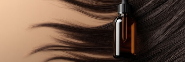 Poster - Luxurious hair care product container mockup on glossy brunette hair background with copy space for design ideas and branding