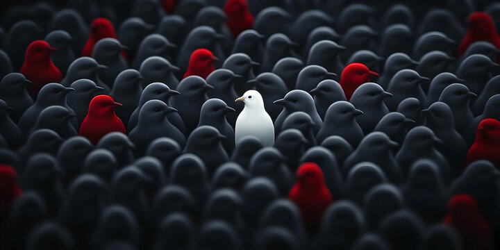 3D Render of a White Dove Standing Out Among Dark and Red Birds:  A Digital Illustration of Uniqueness and Difference in a Crowd