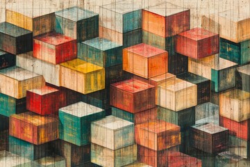 Aufkleber - Colorful Abstract Cubes on Textured Background with Artistic Design