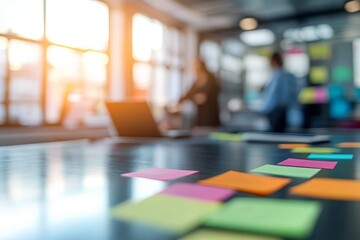 Poster - Colorful Sticky Notes on Table in Bright Office Setting