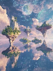 Poster - Floating islands connected by portals exploring gateways to virtual worlds in a serene cosmic setting with lush greenery and a reflective lake