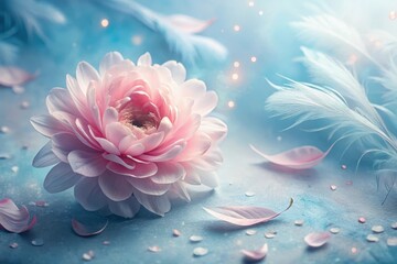 Wall Mural - A Delicate Pink Blossom Amidst Soft Feathers and Petals, Illuminated by Gentle Light