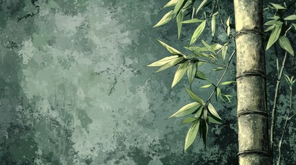 Wall Mural - digital illustration of a tall bamboo stalk with lush green leaves against a textured background