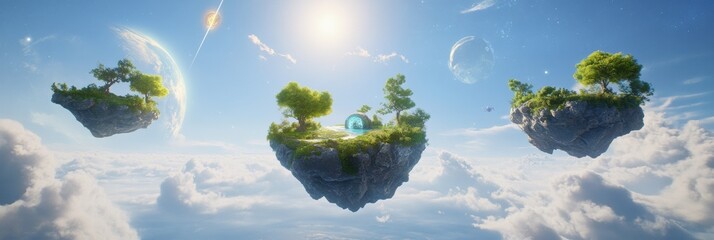 Poster - Floating islands connected by portals symbolize gateways to different virtual worlds in a stunning metaverse landscape under a bright sky