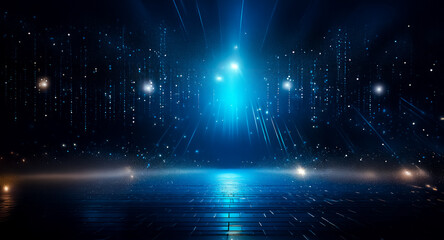 Poster - abstract stage with a bright blue light source emanating from the center, with sparkling dust partic