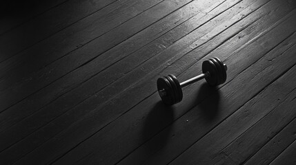 Poster - Minimalist black and white dumbbells positioned on a textured wooden floor with diagonal lines and ample negative space for a calming effect