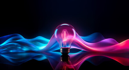 Poster - A lightbulb emits vibrant waves of blue and pink light on a reflective surface against a dark backdrop, symbolizing bright ideas and modern illumination.