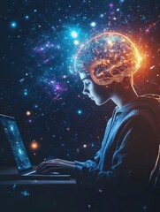Fototapete - Student engages in virtual learning with AI support while exploring digital realms in a cosmic atmosphere