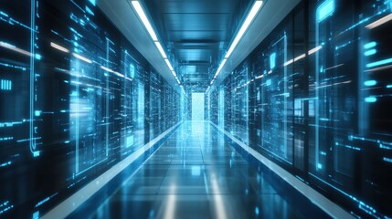 Aufkleber - Futuristic Data Center Corridor with Glowing Blue Lights and Digital Effects Enhancing Technology Infrastructure