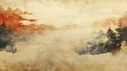 Wall Mural - Artistic watercolor depiction featuring mountains trees and the sky