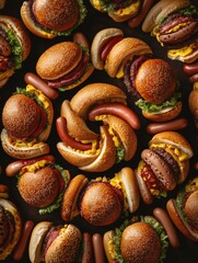 Poster - Combining flavors of burgers and hot dogs in a spiral pattern showcasing culinary creativity and design aesthetic