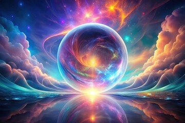 Wall Mural - Celestial Orb Reflecting in a Dreamlike Seascape of Swirling Clouds and Vivid Colors