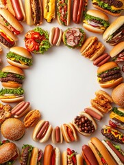 Poster - Enjoying a colorful arrangement of burgers and hot dogs in a spiral pattern that invites culinary delight and creativity for a summer gathering