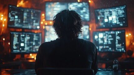 Software Developer Coding in Modern Office with Headphones Listening to Music Podcast