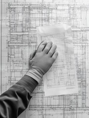 Leinwandbilder - Hand in safety glove holds blueprint at bustling construction site for building project