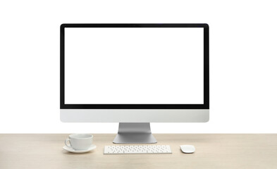 Aufkleber - Computer monitor, keyboard, mouse and cup of drink on wooden desk against white background