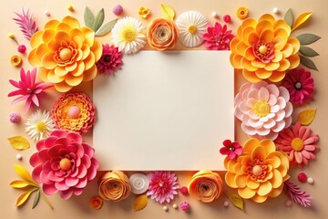 Wall Mural - Floral Papercraft Frame with Blank Notecard for Message or Announcement