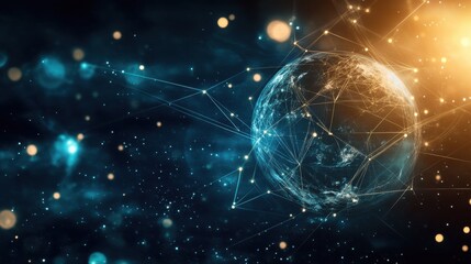Leinwandbilder - Exploration of interconnected virtual realms represented by glowing spheres and vibrant light beams in a cosmic setting