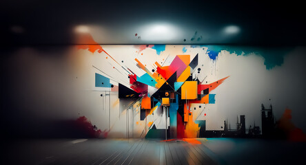 Poster - Abstract geometric art adorns a wall in a dimly lit room, showcasing vibrant colors and dynamic shapes against a blurred background.