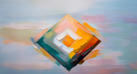 Poster - Abstract painting featuring a diamond shape with segments of orange, pink, green, and white hues, set against a soft, dreamy blue backdrop. Visible brushstrokes create a textured, artistic feel.
