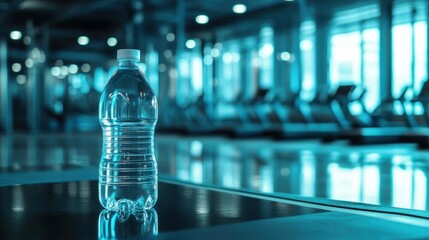 Poster - Transparent water bottle set against a blurred gym background emphasizing hydration during workouts