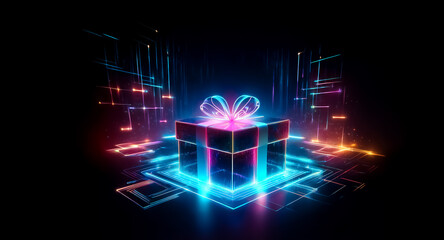 Wall Mural - a vibrant neon gift box with a bow glows against a dark backdrop, surrounded by abstract geometric l