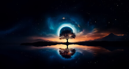 Wall Mural - a silhouette of a tree stands peacefully against a vibrant night sky, illuminated by a bright circul