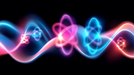 Poster - Atoms flowing through colorful waves of energy on black background